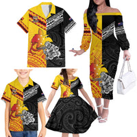 New Zealand And Papua New Guinea Rugby Custom Family Matching Off The Shoulder Long Sleeve Dress and Hawaiian Shirt Maori Kiwi With Bird of Paradise LT05 - Polynesian Pride