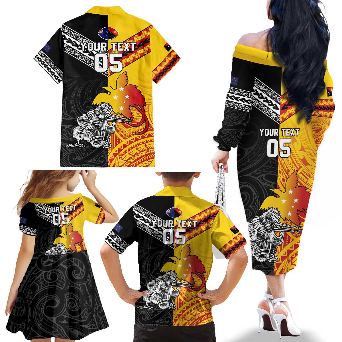 New Zealand And Papua New Guinea Rugby Custom Family Matching Off The Shoulder Long Sleeve Dress and Hawaiian Shirt Maori Kiwi With Bird of Paradise LT05 - Polynesian Pride