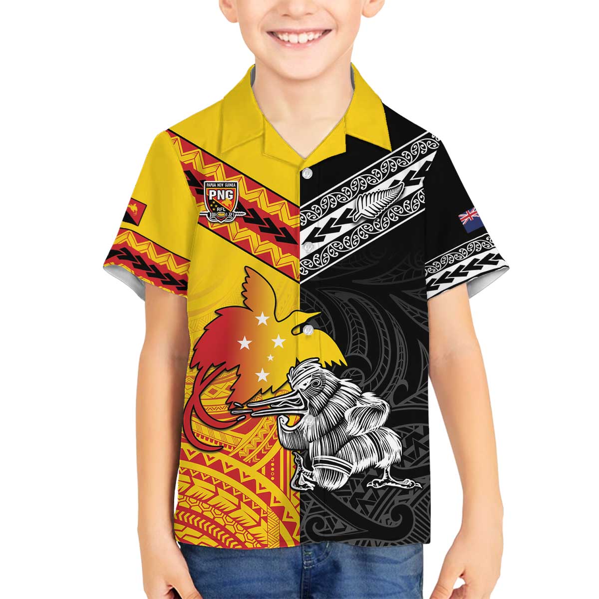 New Zealand And Papua New Guinea Rugby Custom Family Matching Off The Shoulder Long Sleeve Dress and Hawaiian Shirt Maori Kiwi With Bird of Paradise LT05 Son's Shirt Black - Polynesian Pride