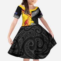 New Zealand And Papua New Guinea Rugby Custom Family Matching Off Shoulder Maxi Dress and Hawaiian Shirt Maori Kiwi With Bird of Paradise LT05 Daughter's Dress Black - Polynesian Pride