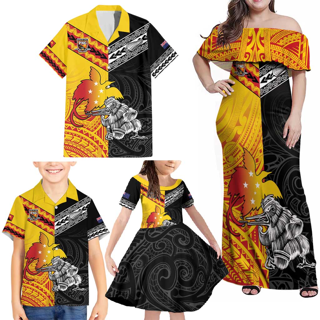 New Zealand And Papua New Guinea Rugby Custom Family Matching Off Shoulder Maxi Dress and Hawaiian Shirt Maori Kiwi With Bird of Paradise LT05 - Polynesian Pride