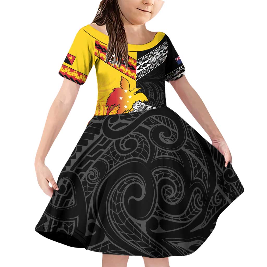 New Zealand And Papua New Guinea Rugby Custom Family Matching Off Shoulder Short Dress and Hawaiian Shirt Maori Kiwi With Bird of Paradise LT05 Daughter's Dress Black - Polynesian Pride