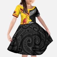 New Zealand And Papua New Guinea Rugby Custom Family Matching Puletasi and Hawaiian Shirt Maori Kiwi With Bird of Paradise LT05 Daughter's Dress Black - Polynesian Pride