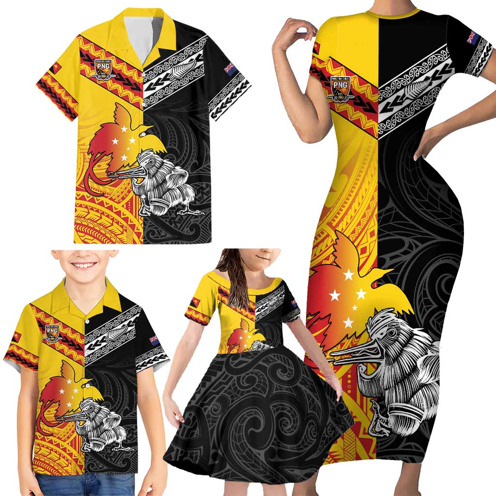 New Zealand And Papua New Guinea Rugby Custom Family Matching Short Sleeve Bodycon Dress and Hawaiian Shirt Maori Kiwi With Bird of Paradise LT05 - Polynesian Pride
