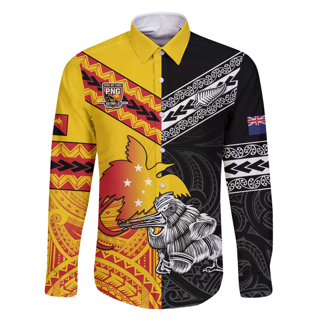 New Zealand And Papua New Guinea Rugby Custom Family Matching Summer Maxi Dress and Hawaiian Shirt Maori Kiwi With Bird of Paradise LT05 Dad's Shirt - Long Sleeve Black - Polynesian Pride