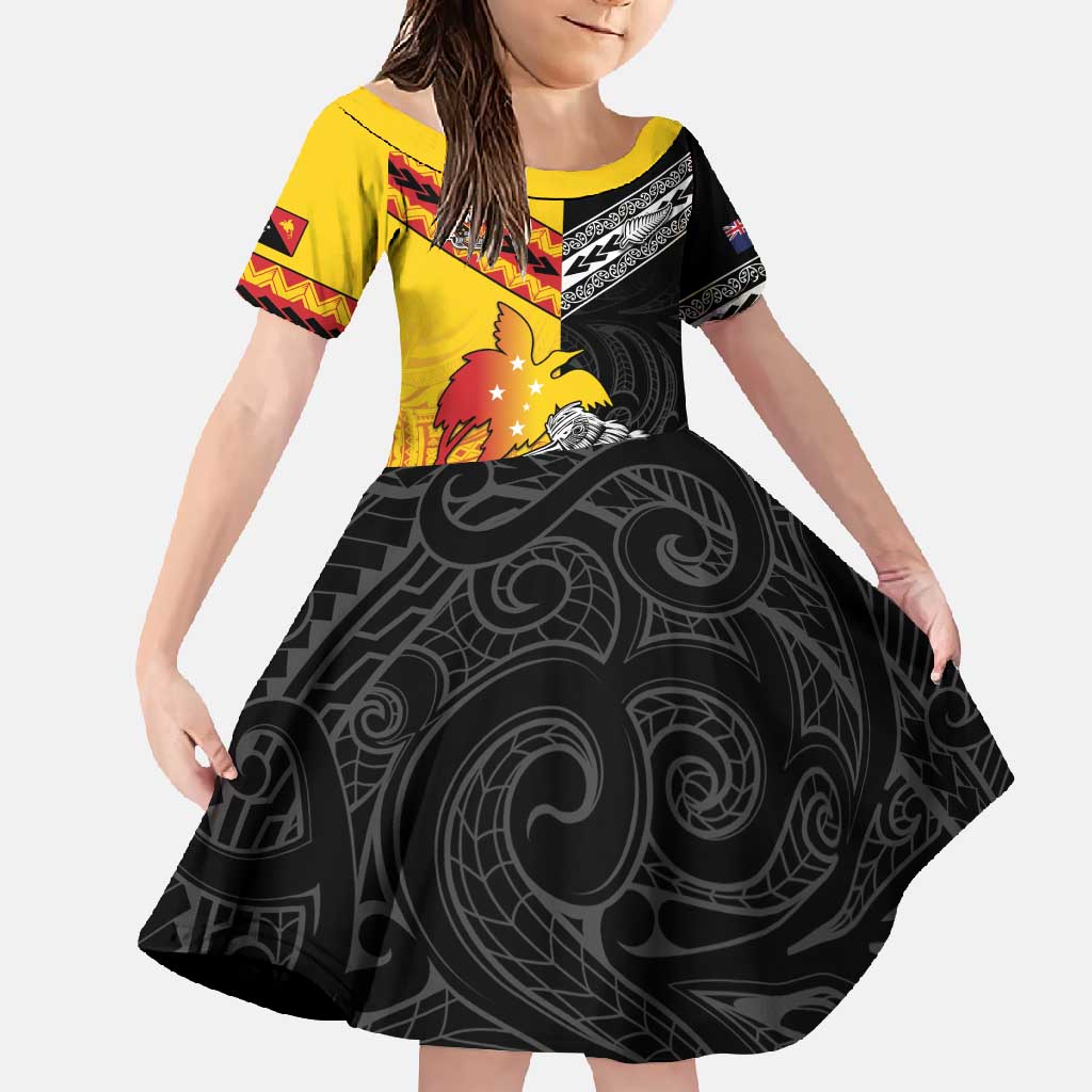 New Zealand And Papua New Guinea Rugby Custom Family Matching Tank Maxi Dress and Hawaiian Shirt Maori Kiwi With Bird of Paradise LT05 Daughter's Dress Black - Polynesian Pride