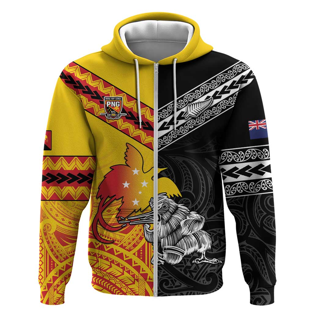 New Zealand And Papua New Guinea Rugby Custom Hoodie Maori Kiwi With Bird of Paradise LT05 Zip Hoodie Black - Polynesian Pride