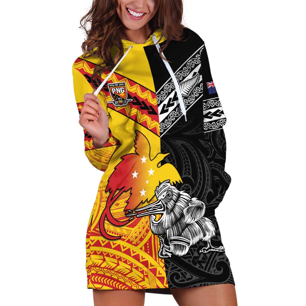 New Zealand And Papua New Guinea Rugby Custom Hoodie Dress Maori Kiwi With Bird of Paradise LT05 Black - Polynesian Pride
