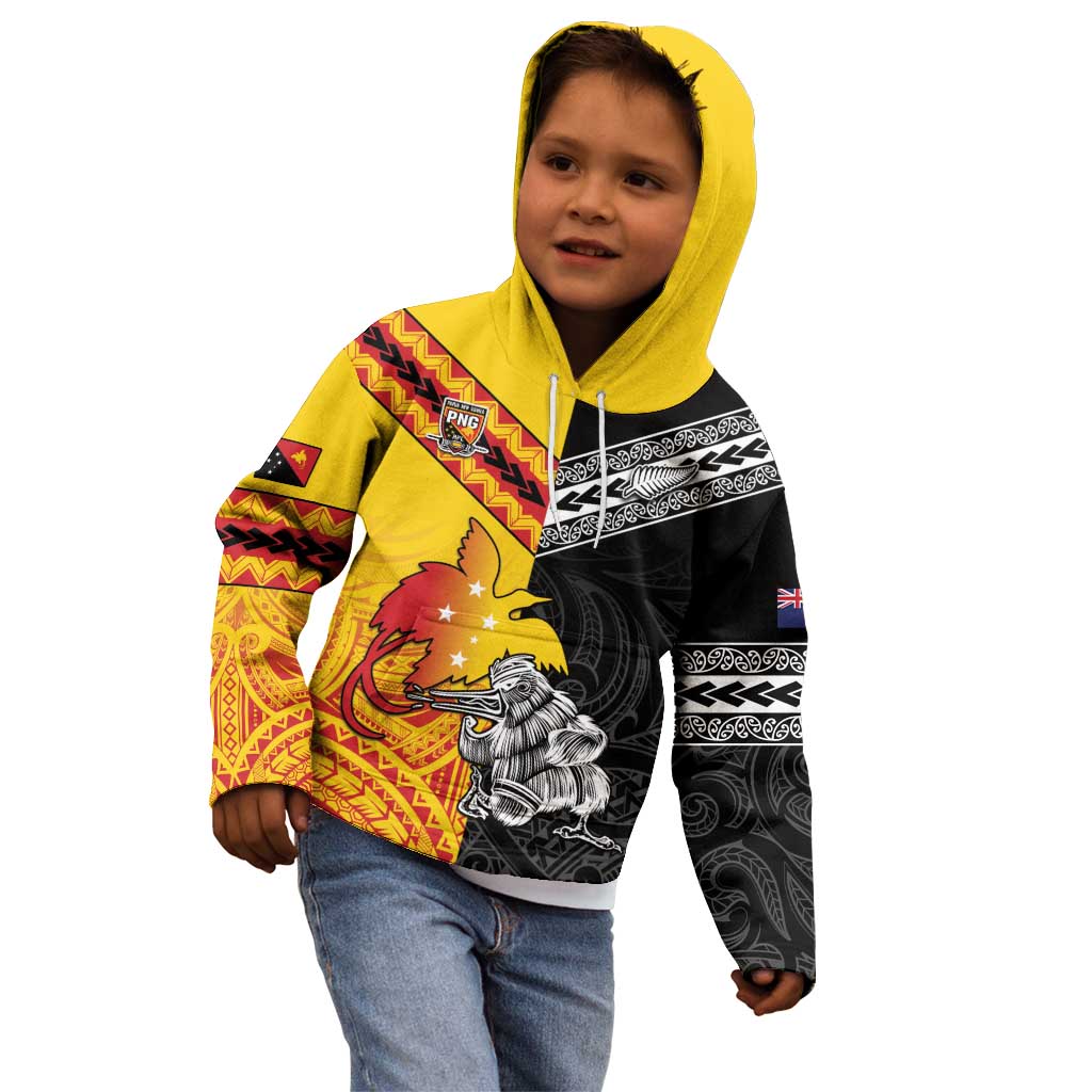 New Zealand And Papua New Guinea Rugby Custom Kid Hoodie Maori Kiwi With Bird of Paradise LT05 - Polynesian Pride