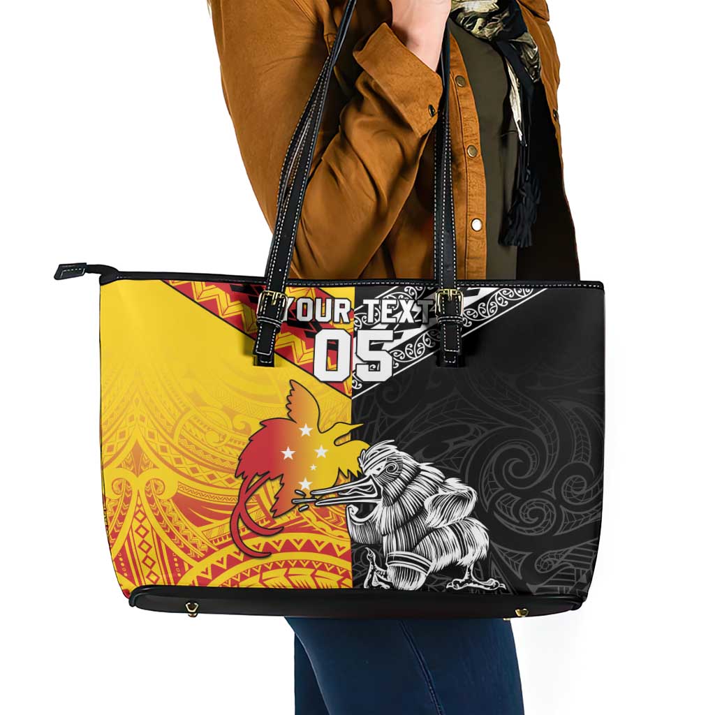 New Zealand And Papua New Guinea Rugby Custom Leather Tote Bag Maori Kiwi With Bird of Paradise LT05 - Polynesian Pride