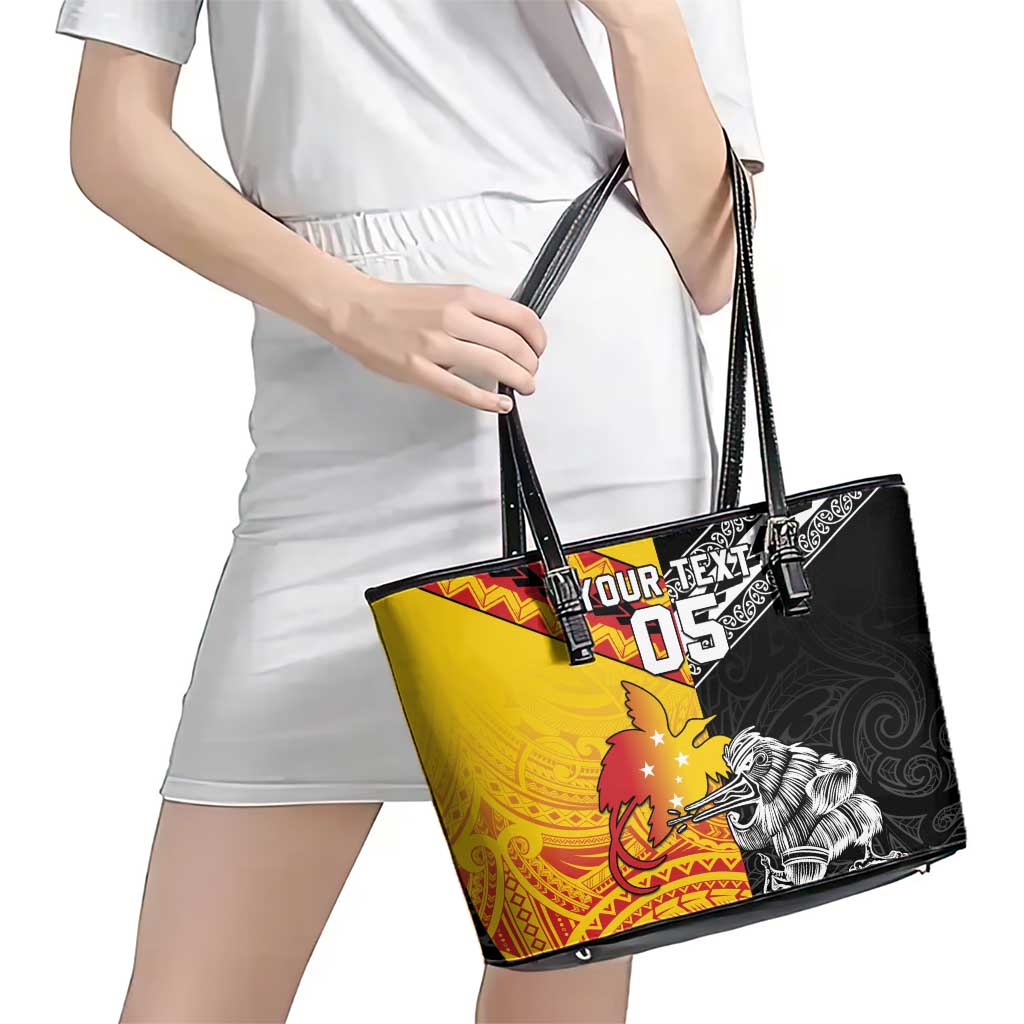 New Zealand And Papua New Guinea Rugby Custom Leather Tote Bag Maori Kiwi With Bird of Paradise LT05 - Polynesian Pride
