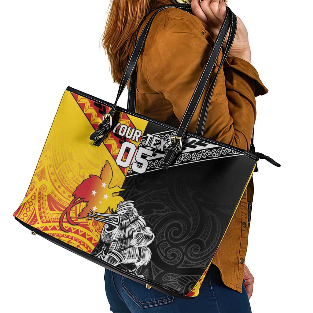 New Zealand And Papua New Guinea Rugby Custom Leather Tote Bag Maori Kiwi With Bird of Paradise LT05 - Polynesian Pride