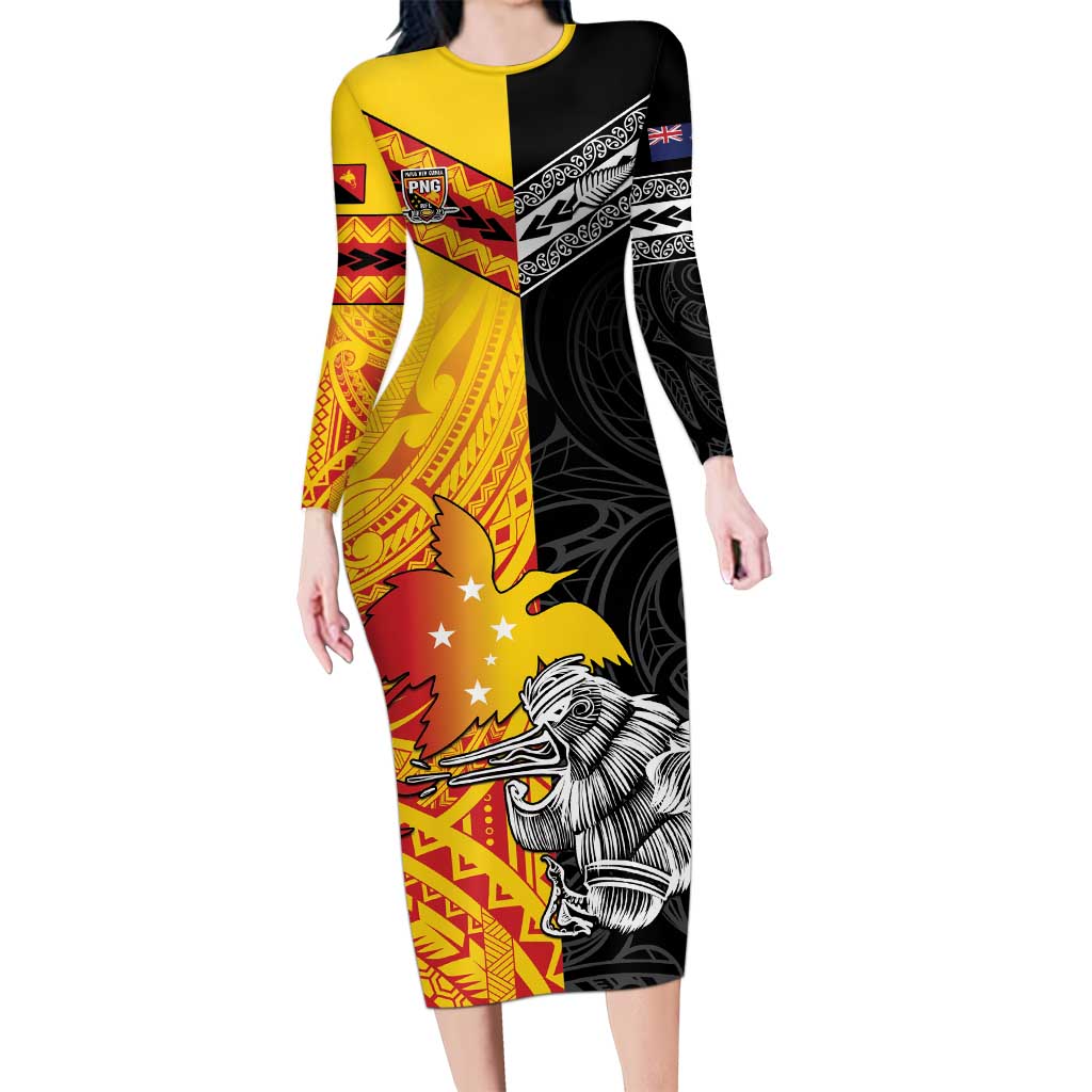 New Zealand And Papua New Guinea Rugby Custom Long Sleeve Bodycon Dress Maori Kiwi With Bird of Paradise LT05 Long Dress Black - Polynesian Pride