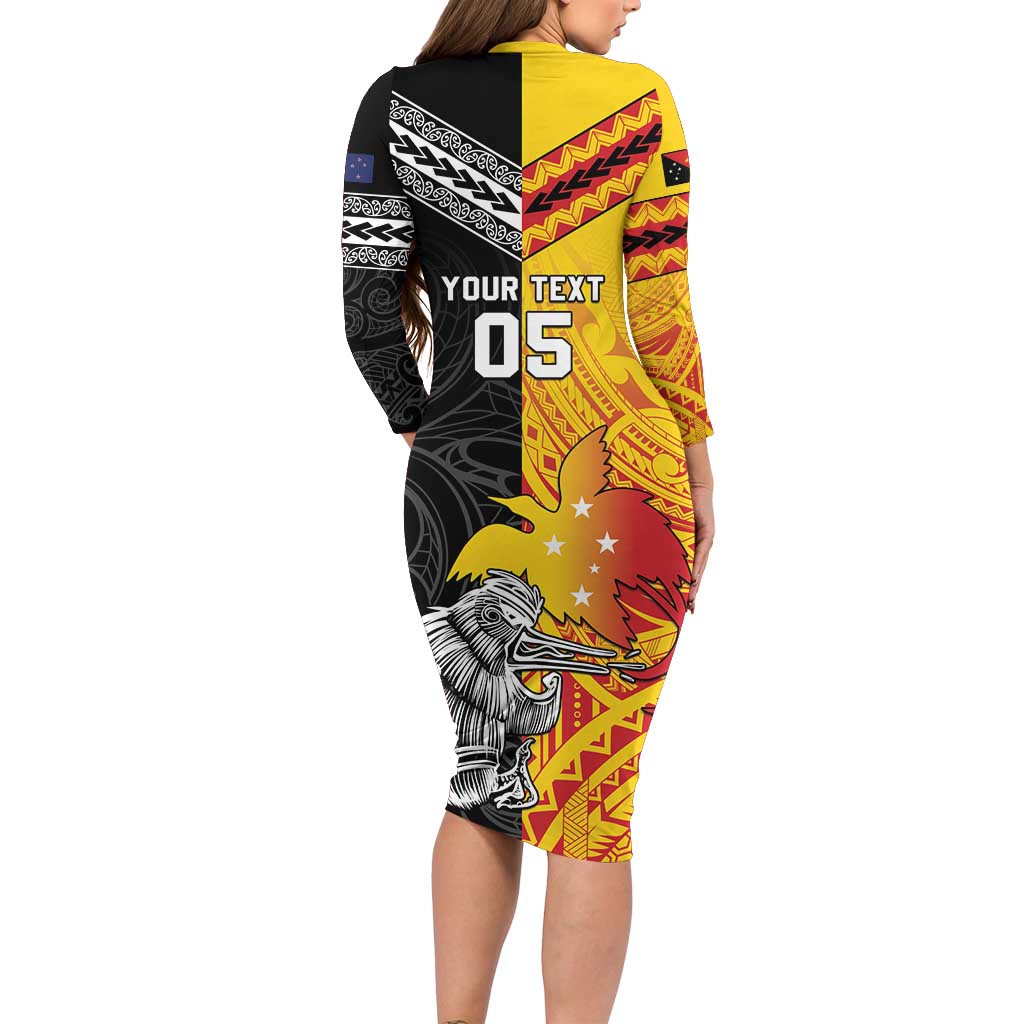 New Zealand And Papua New Guinea Rugby Custom Long Sleeve Bodycon Dress Maori Kiwi With Bird of Paradise LT05 - Polynesian Pride