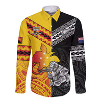 New Zealand And Papua New Guinea Rugby Custom Long Sleeve Button Shirt Maori Kiwi With Bird of Paradise LT05 Unisex Black - Polynesian Pride