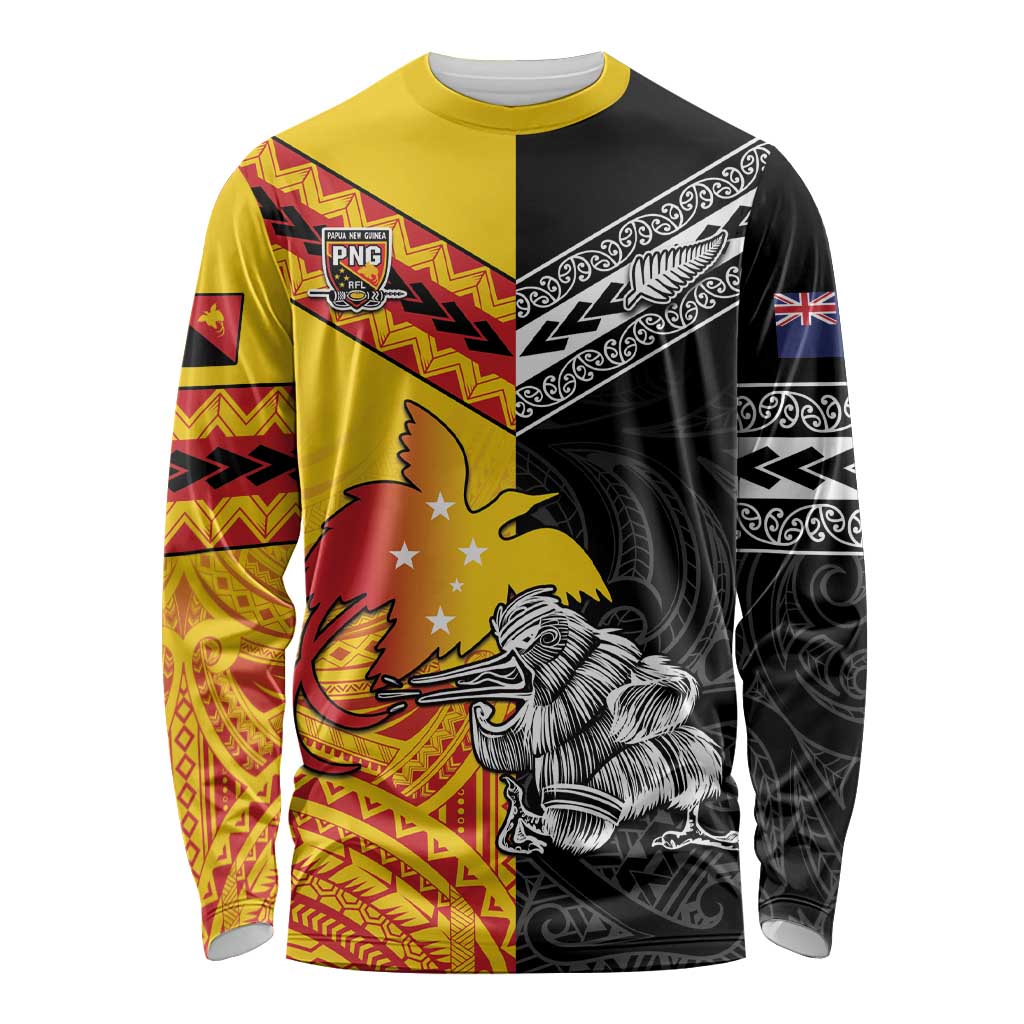 New Zealand And Papua New Guinea Rugby Custom Long Sleeve Shirt Maori Kiwi With Bird of Paradise LT05 Unisex Black - Polynesian Pride