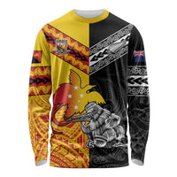 New Zealand And Papua New Guinea Rugby Custom Long Sleeve Shirt Maori Kiwi With Bird of Paradise LT05 Unisex Black - Polynesian Pride