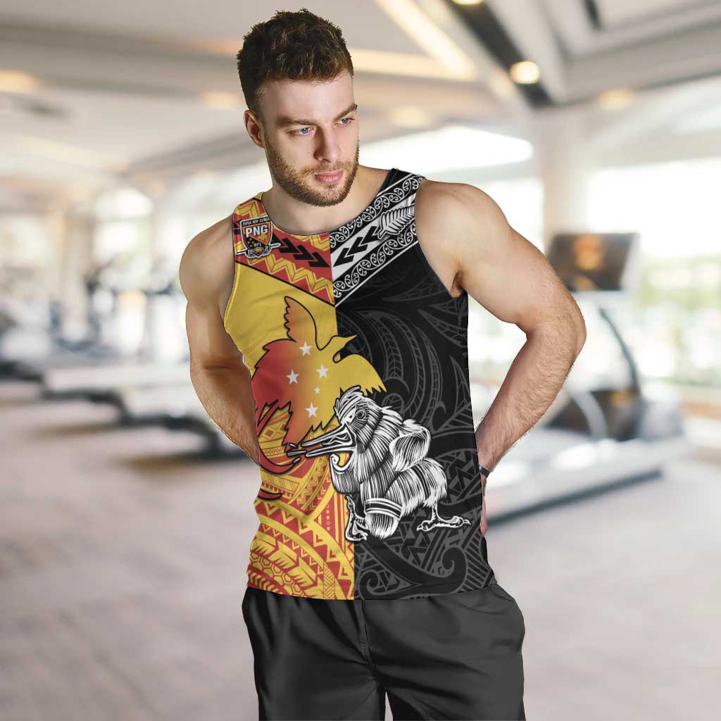 New Zealand And Papua New Guinea Rugby Custom Men Tank Top Maori Kiwi With Bird of Paradise LT05 Black - Polynesian Pride
