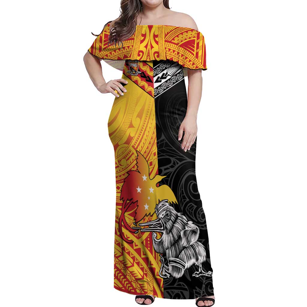 New Zealand And Papua New Guinea Rugby Custom Off Shoulder Maxi Dress Maori Kiwi With Bird of Paradise LT05 Women Black - Polynesian Pride