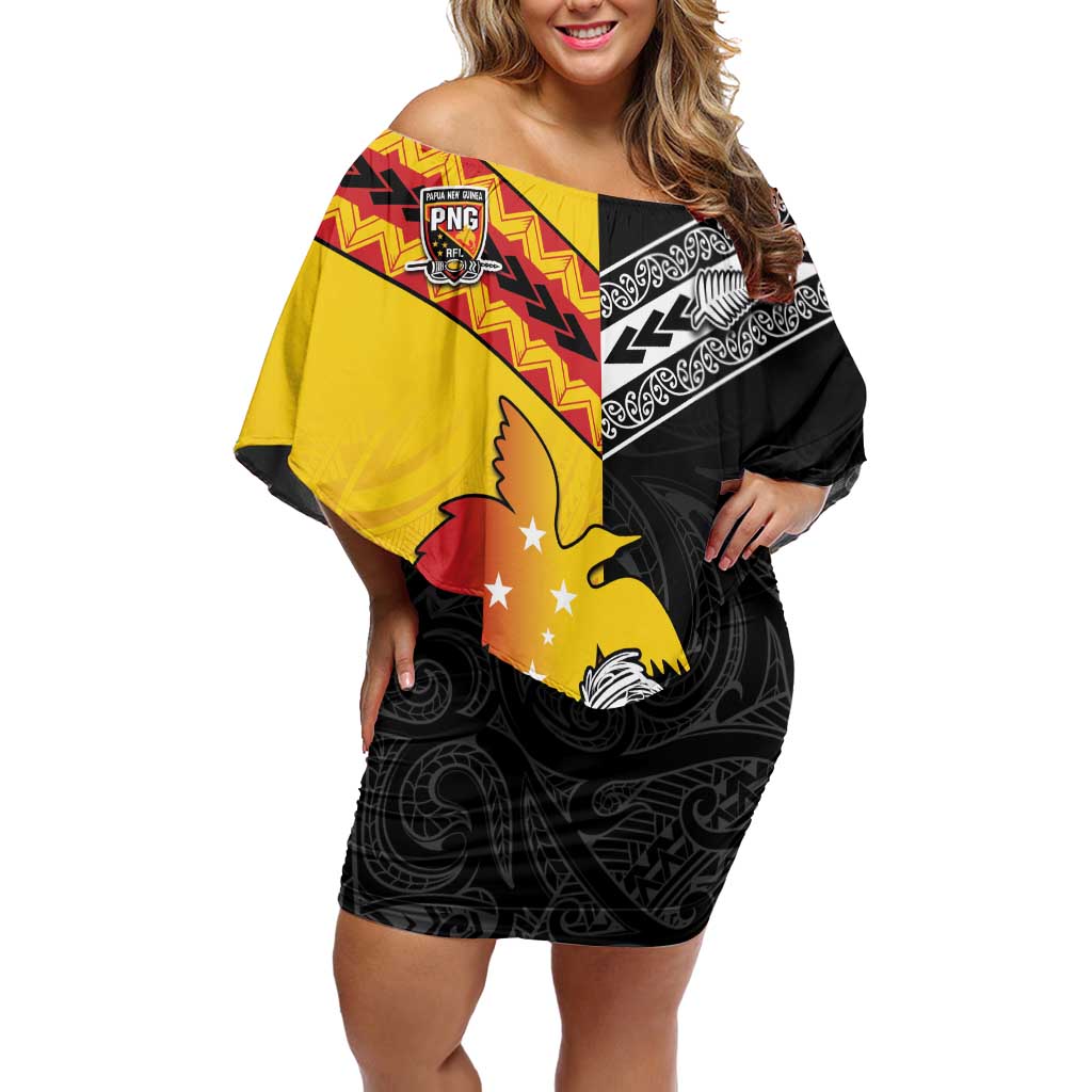 New Zealand And Papua New Guinea Rugby Custom Off Shoulder Short Dress Maori Kiwi With Bird of Paradise LT05 Women Black - Polynesian Pride