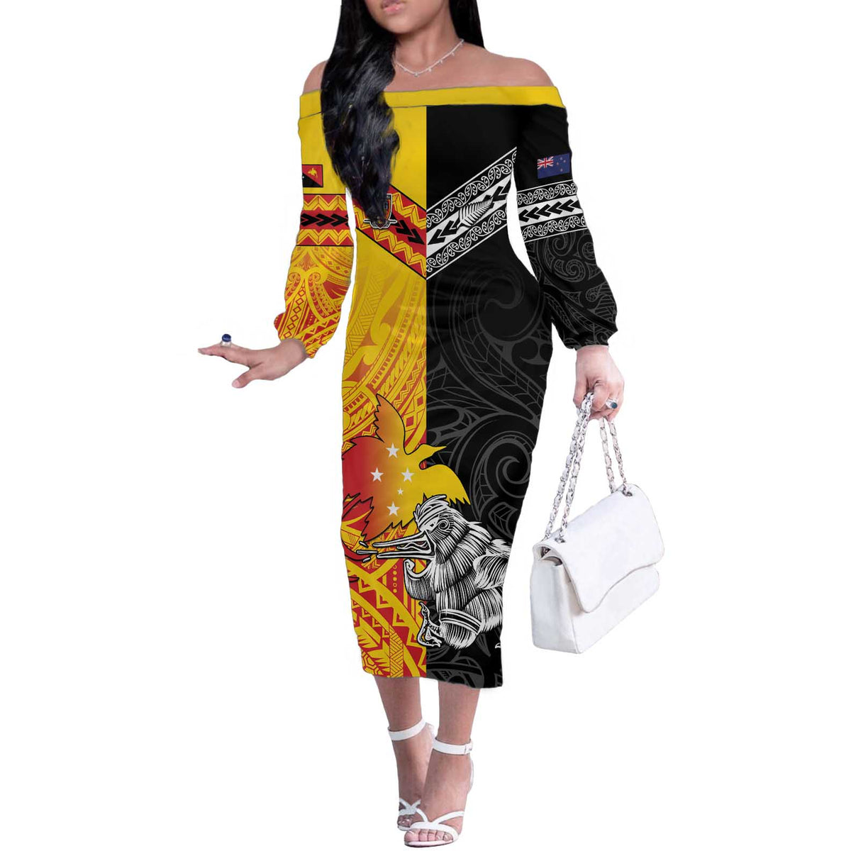 New Zealand And Papua New Guinea Rugby Custom Off The Shoulder Long Sleeve Dress Maori Kiwi With Bird of Paradise LT05 Women Black - Polynesian Pride