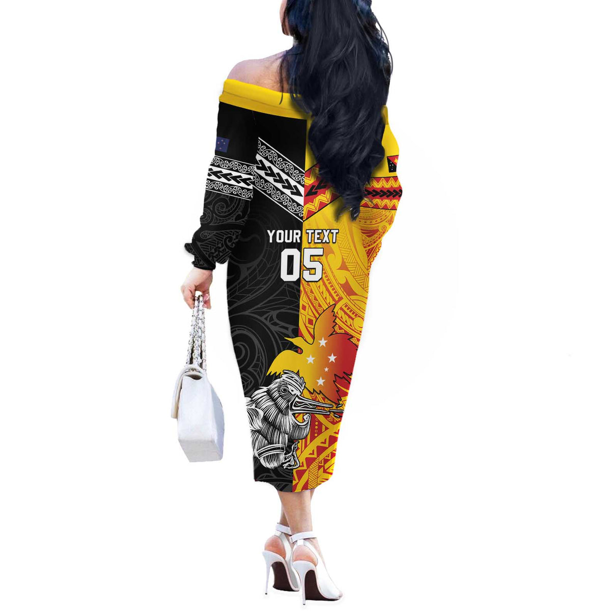 New Zealand And Papua New Guinea Rugby Custom Off The Shoulder Long Sleeve Dress Maori Kiwi With Bird of Paradise LT05 - Polynesian Pride