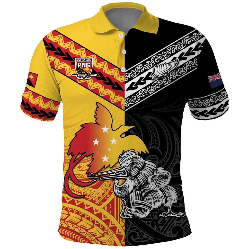 New Zealand And Papua New Guinea Rugby Custom Polo Shirt Maori Kiwi With Bird of Paradise LT05 Black - Polynesian Pride