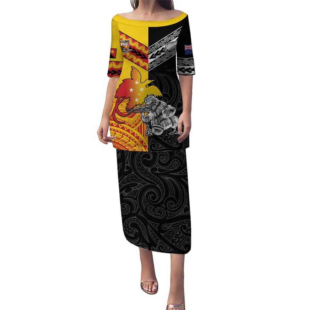 New Zealand And Papua New Guinea Rugby Custom Puletasi Maori Kiwi With Bird of Paradise LT05 Long Dress Black - Polynesian Pride