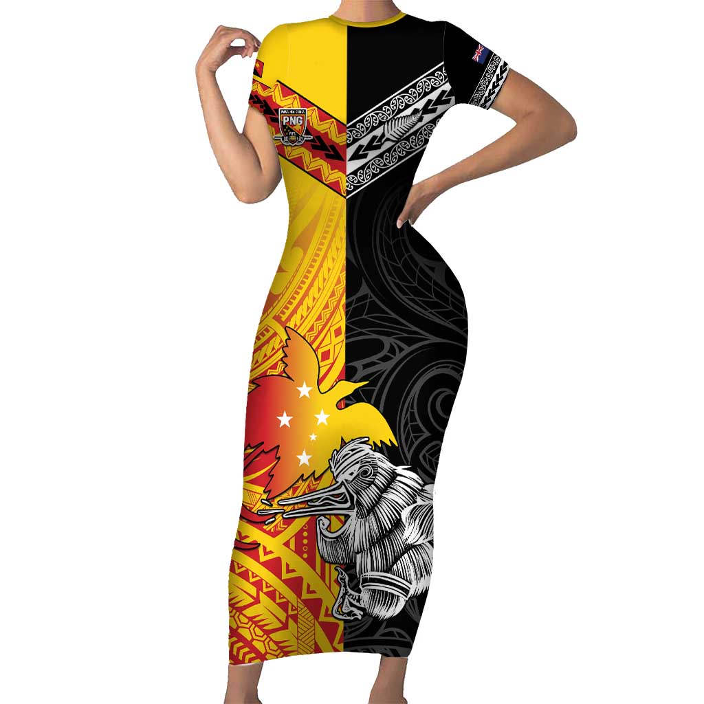 New Zealand And Papua New Guinea Rugby Custom Short Sleeve Bodycon Dress Maori Kiwi With Bird of Paradise LT05 Long Dress Black - Polynesian Pride