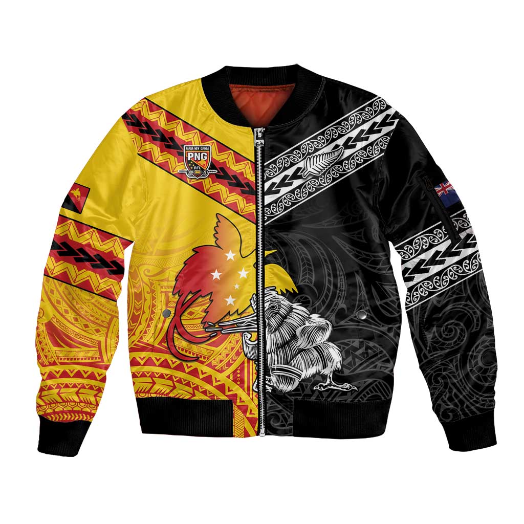 New Zealand And Papua New Guinea Rugby Custom Sleeve Zip Bomber Jacket Maori Kiwi With Bird of Paradise LT05 Unisex Black - Polynesian Pride