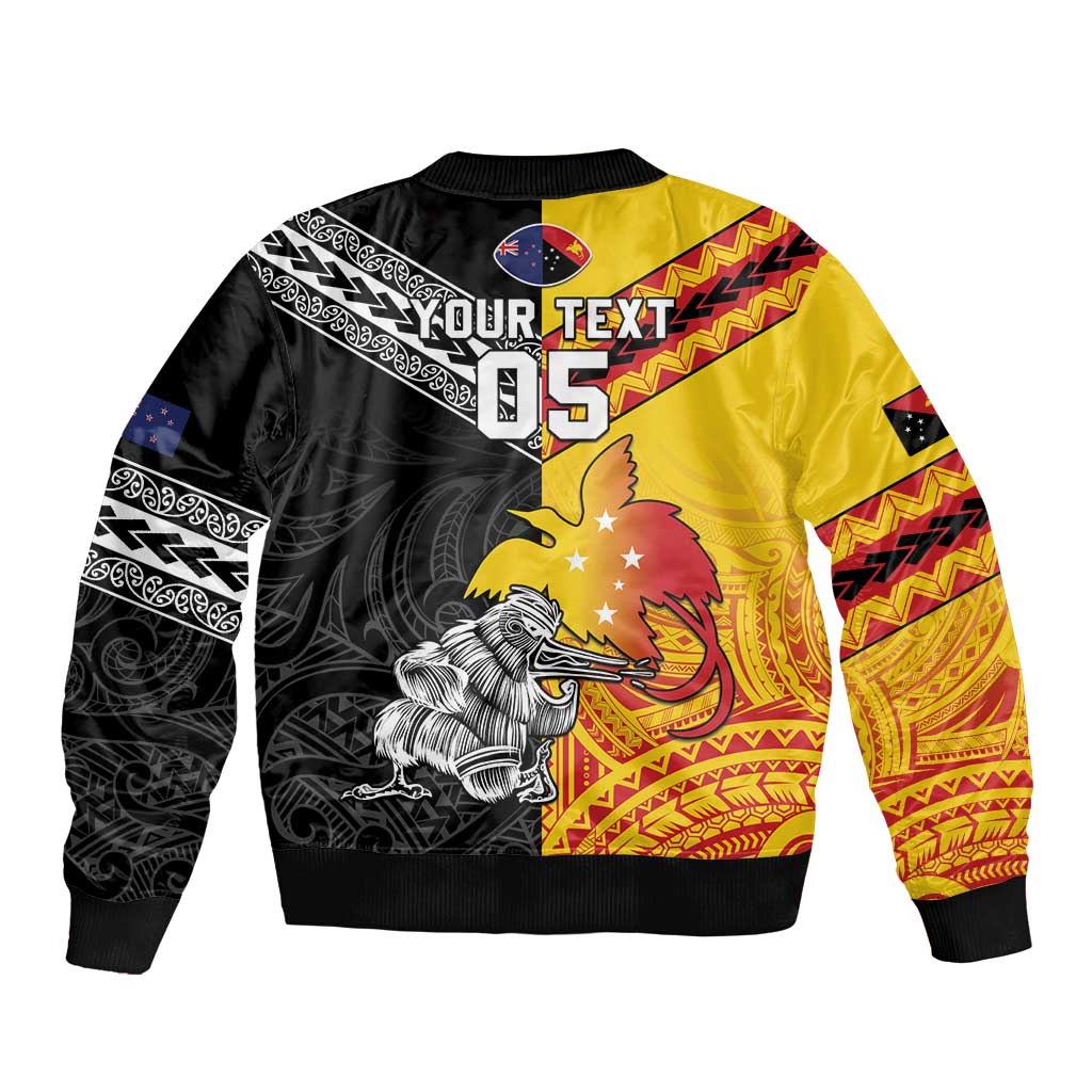 New Zealand And Papua New Guinea Rugby Custom Sleeve Zip Bomber Jacket Maori Kiwi With Bird of Paradise LT05 - Polynesian Pride