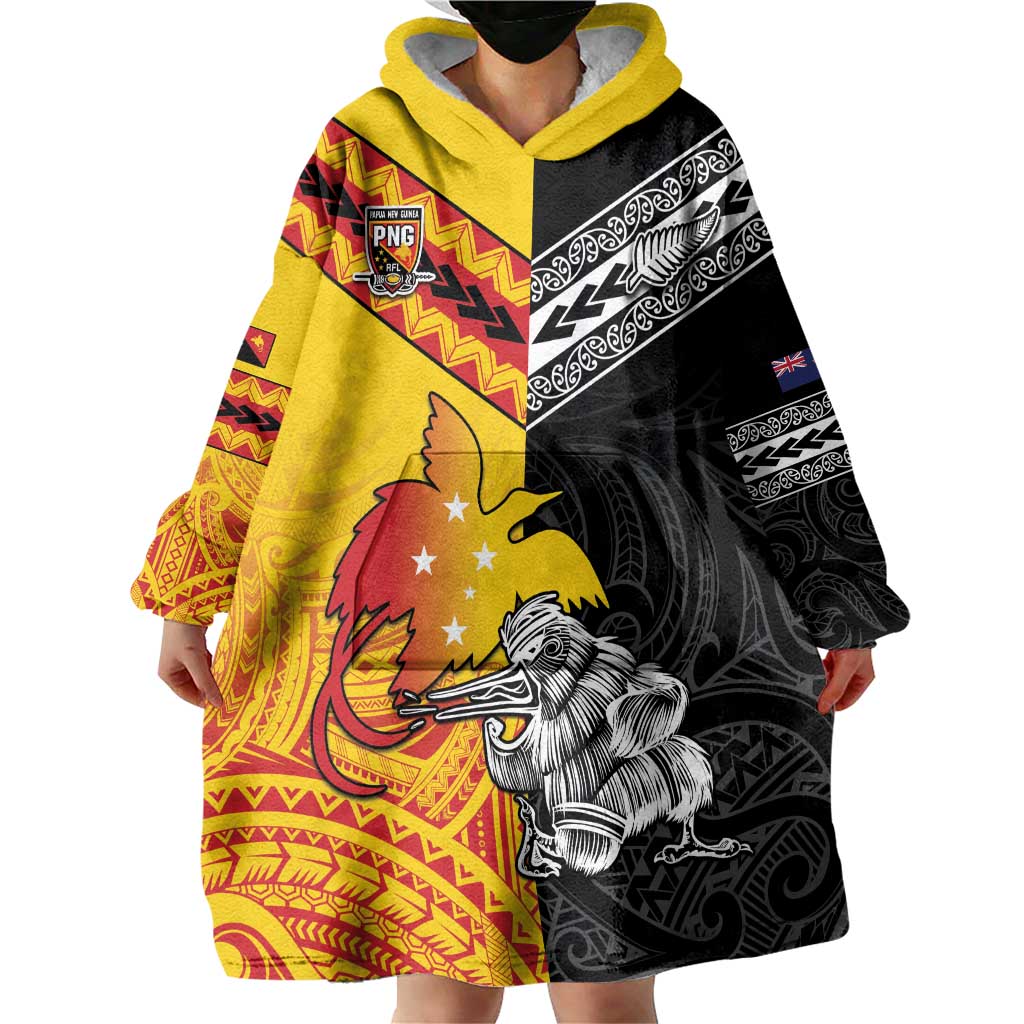 New Zealand And Papua New Guinea Rugby Custom Wearable Blanket Hoodie Maori Kiwi With Bird of Paradise LT05 - Polynesian Pride