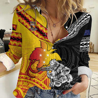 New Zealand And Papua New Guinea Rugby Custom Women Casual Shirt Maori Kiwi With Bird of Paradise LT05 Female Black - Polynesian Pride