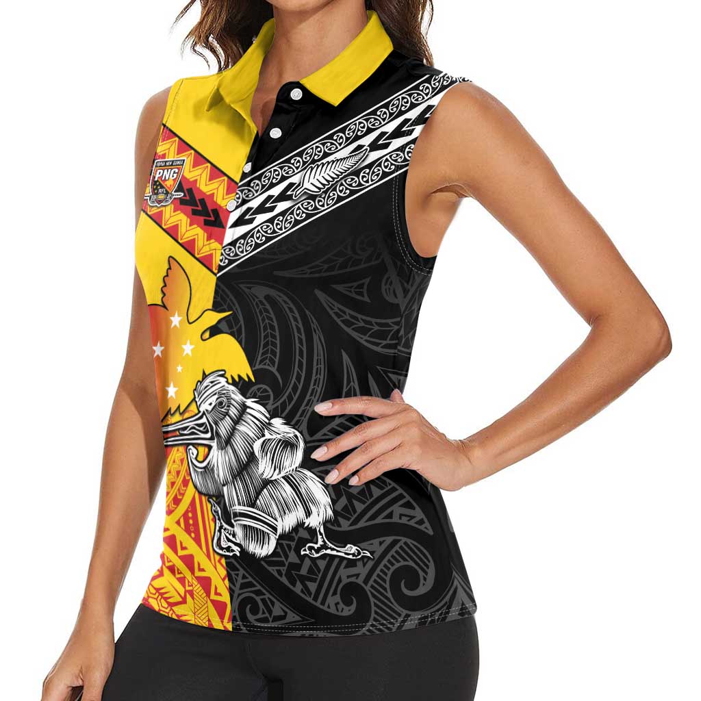 New Zealand And Papua New Guinea Rugby Custom Women Sleeveless Polo Shirt Maori Kiwi With Bird of Paradise LT05 - Polynesian Pride
