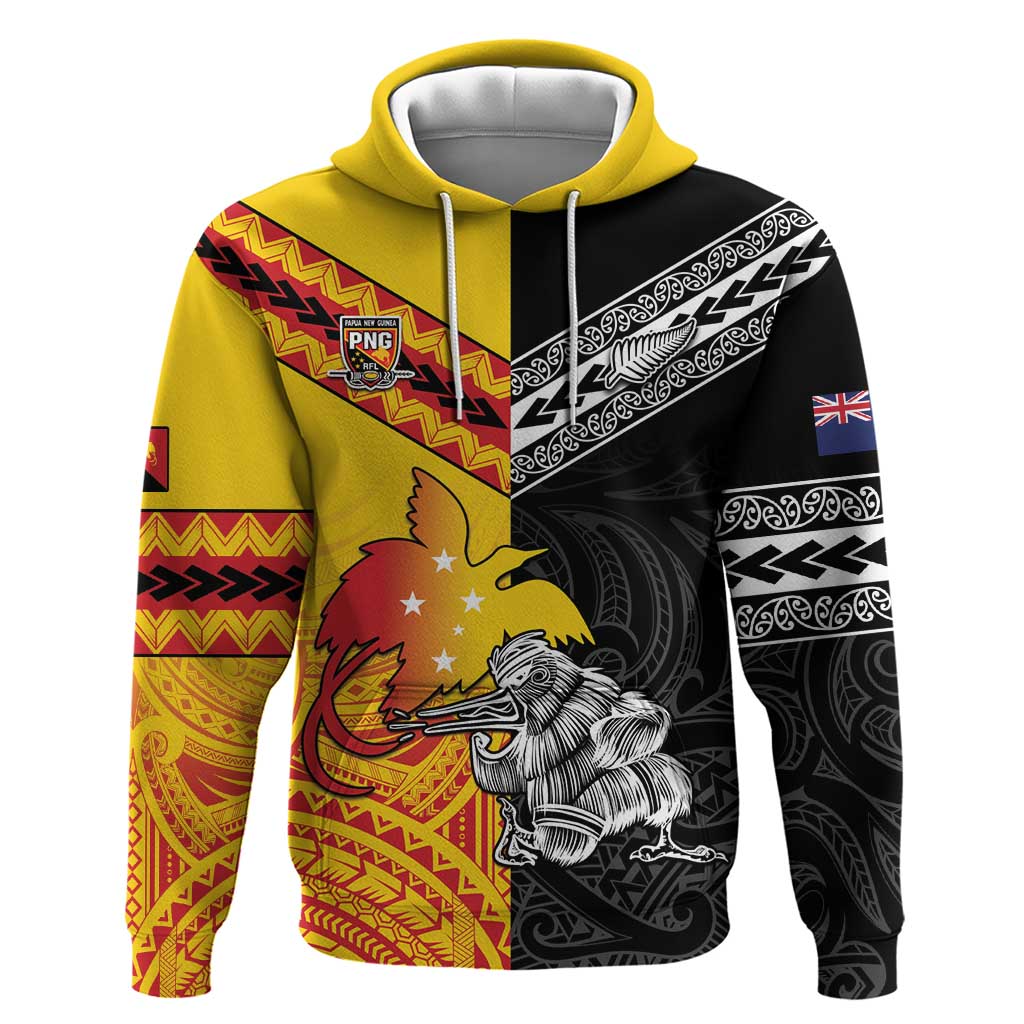 New Zealand And Papua New Guinea Rugby Custom Zip Hoodie Maori Kiwi With Bird of Paradise LT05 Pullover Hoodie Black - Polynesian Pride
