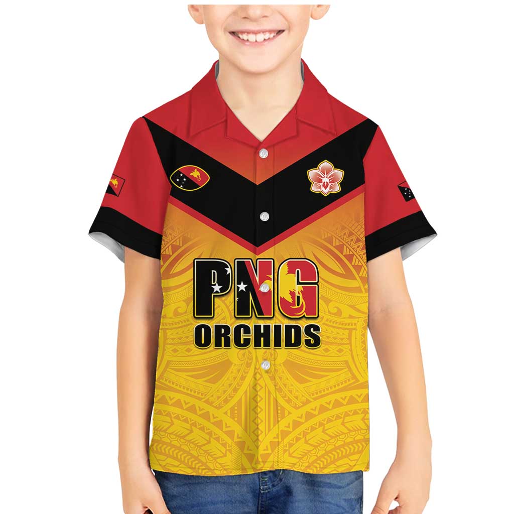 Papua New Guinea Rugby Custom Family Matching Mermaid Dress and Hawaiian Shirt Go Orchids Pacific Champions LT05 Son's Shirt Yellow - Polynesian Pride
