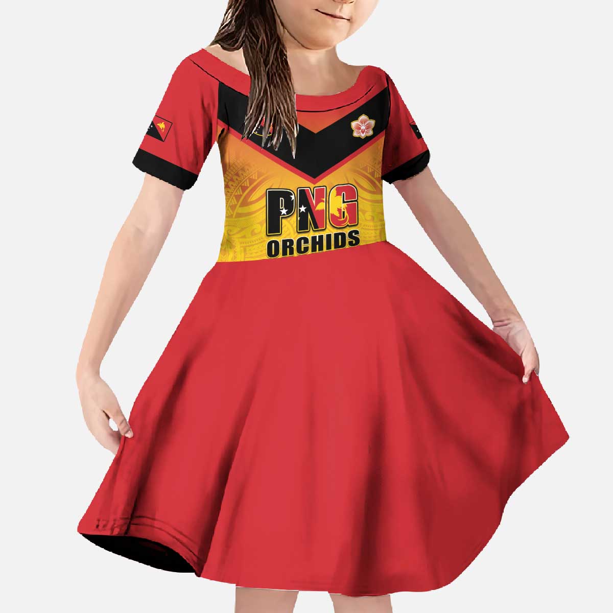 Papua New Guinea Rugby Custom Family Matching Off The Shoulder Long Sleeve Dress and Hawaiian Shirt Go Orchids Pacific Champions LT05 Daughter's Dress Yellow - Polynesian Pride