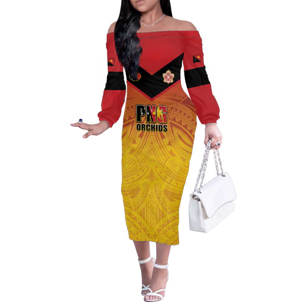 Papua New Guinea Rugby Custom Family Matching Off The Shoulder Long Sleeve Dress and Hawaiian Shirt Go Orchids Pacific Champions LT05 Mom's Dress Yellow - Polynesian Pride