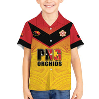 Papua New Guinea Rugby Custom Family Matching Off Shoulder Maxi Dress and Hawaiian Shirt Go Orchids Pacific Champions LT05 Son's Shirt Yellow - Polynesian Pride