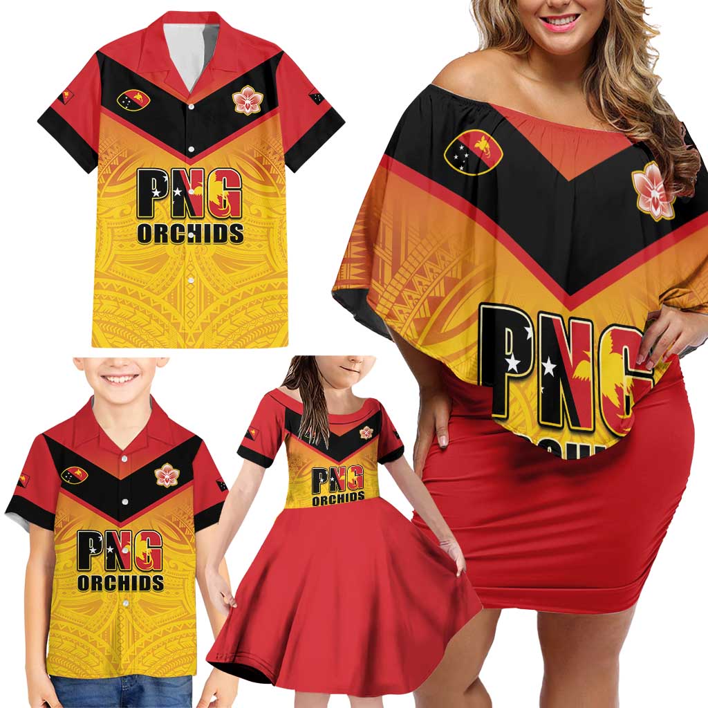 Papua New Guinea Rugby Custom Family Matching Off Shoulder Short Dress and Hawaiian Shirt Go Orchids Pacific Champions LT05 - Polynesian Pride