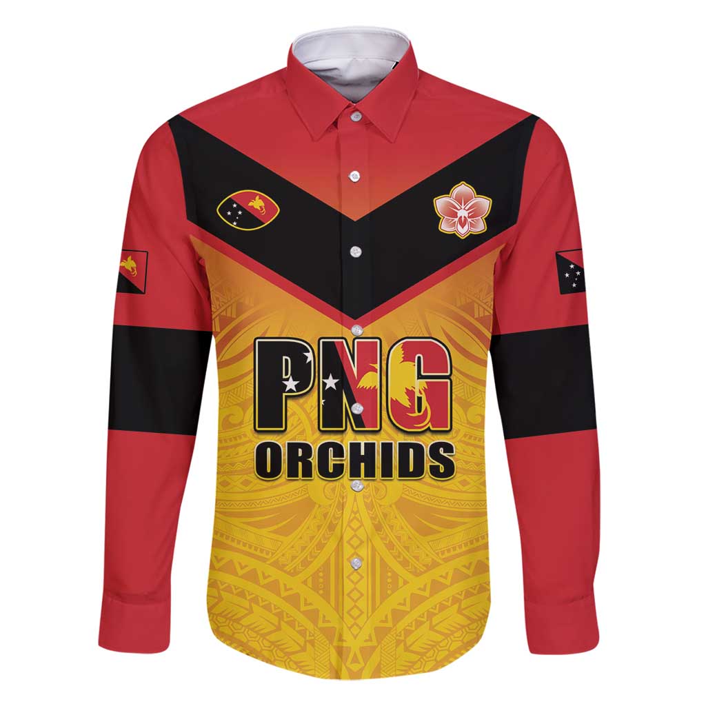 Papua New Guinea Rugby Custom Family Matching Off Shoulder Short Dress and Hawaiian Shirt Go Orchids Pacific Champions LT05 Dad's Shirt - Long Sleeve Yellow - Polynesian Pride