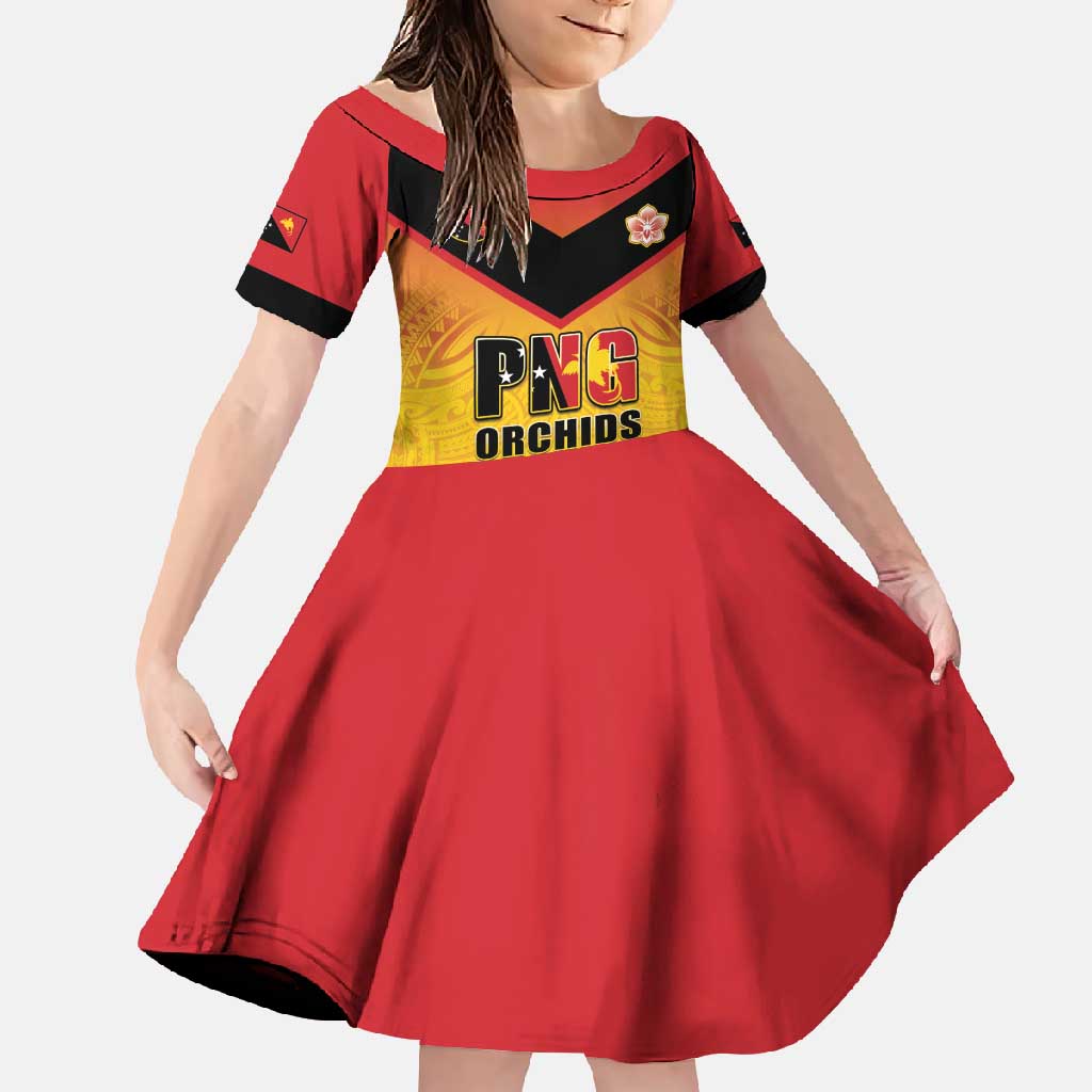 Papua New Guinea Rugby Custom Family Matching Short Sleeve Bodycon Dress and Hawaiian Shirt Go Orchids Pacific Champions LT05 Daughter's Dress Yellow - Polynesian Pride