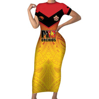 Papua New Guinea Rugby Custom Family Matching Short Sleeve Bodycon Dress and Hawaiian Shirt Go Orchids Pacific Champions LT05 Mom's Dress Yellow - Polynesian Pride