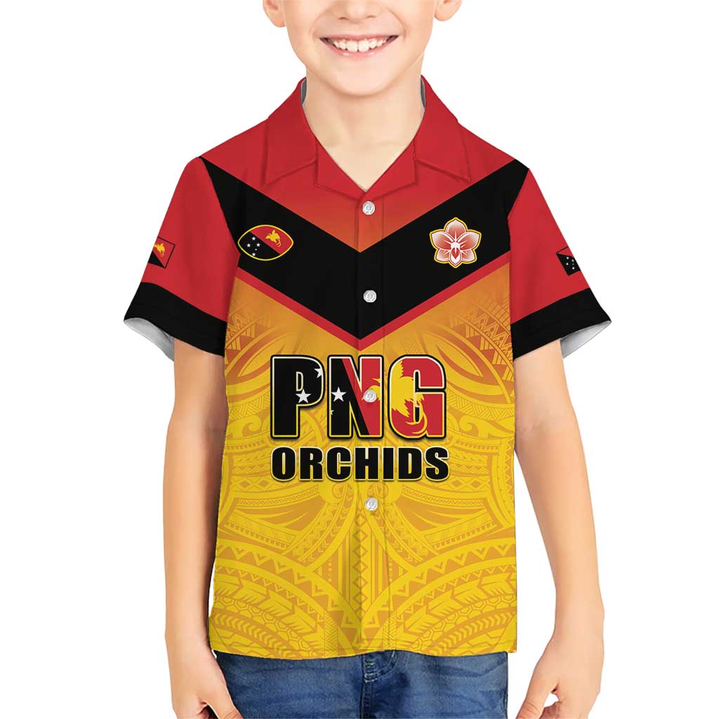 Papua New Guinea Rugby Custom Family Matching Short Sleeve Bodycon Dress and Hawaiian Shirt Go Orchids Pacific Champions LT05 Son's Shirt Yellow - Polynesian Pride