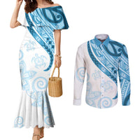 Blue Polynesian Tribal Turtle Floral Pattern Couples Matching Mermaid Dress and Long Sleeve Button Shirt