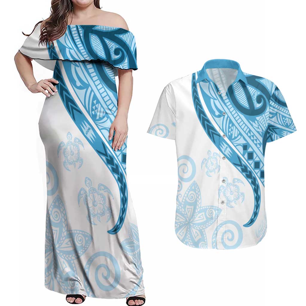 Blue Polynesian Tribal Turtle Floral Pattern Couples Matching Off Shoulder Maxi Dress and Hawaiian Shirt LT05 Blue - Polynesian Pride