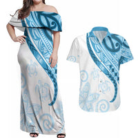 Blue Polynesian Tribal Turtle Floral Pattern Couples Matching Off Shoulder Maxi Dress and Hawaiian Shirt LT05 Blue - Polynesian Pride