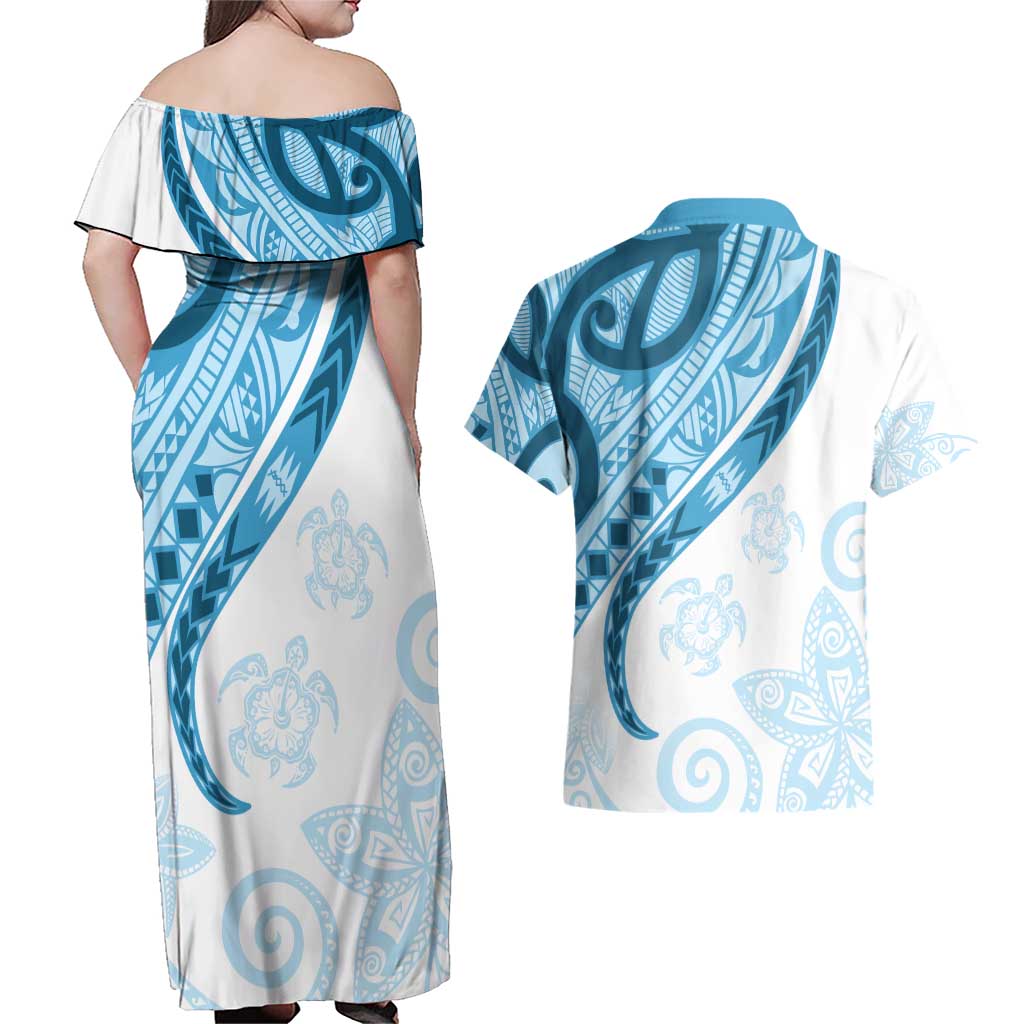Blue Polynesian Tribal Turtle Floral Pattern Couples Matching Off Shoulder Maxi Dress and Hawaiian Shirt LT05 - Polynesian Pride