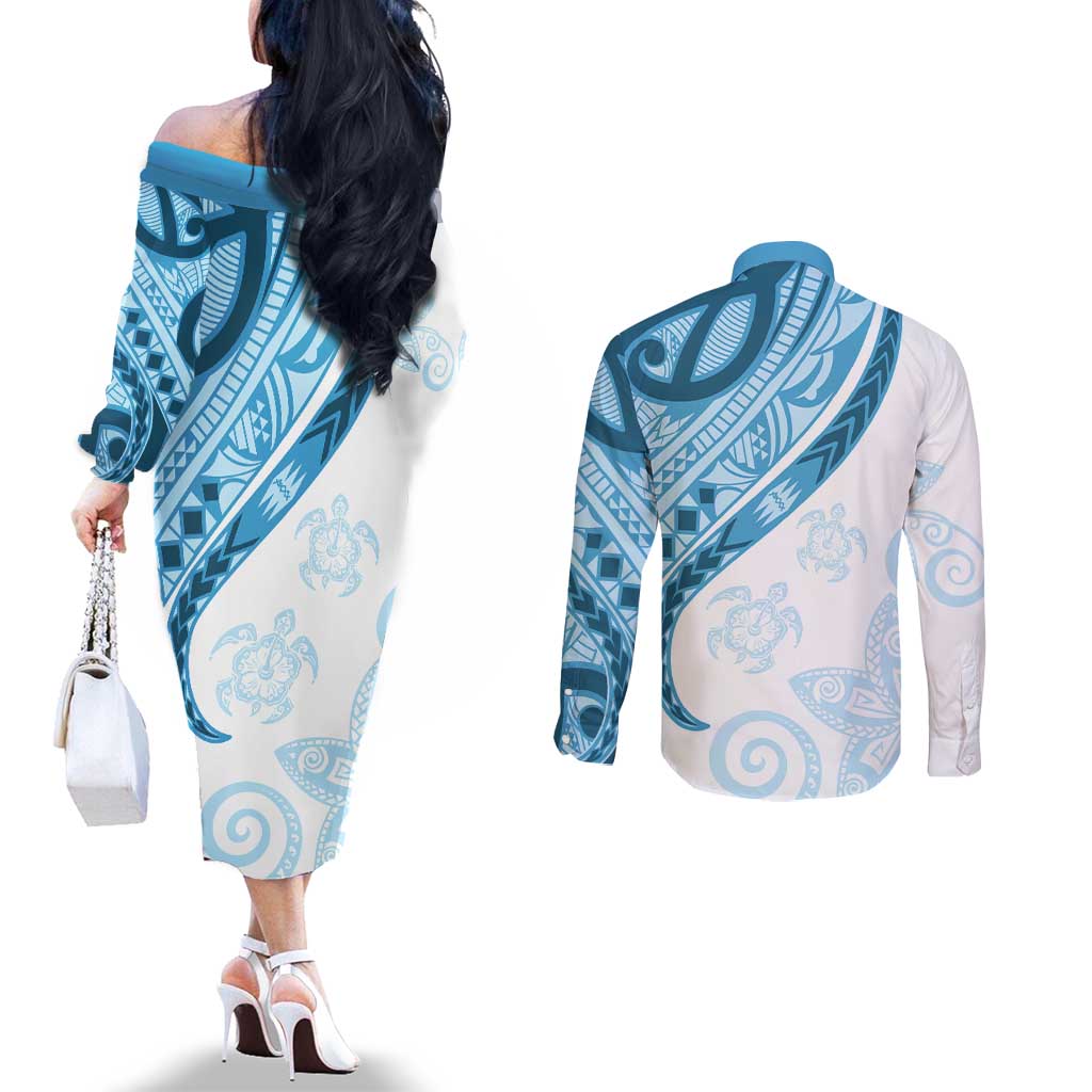 Blue Polynesian Tribal Turtle Floral Pattern Couples Matching Off The Shoulder Long Sleeve Dress and Long Sleeve Button Shirt