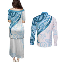 Blue Polynesian Tribal Turtle Floral Pattern Couples Matching Puletasi and Long Sleeve Button Shirt